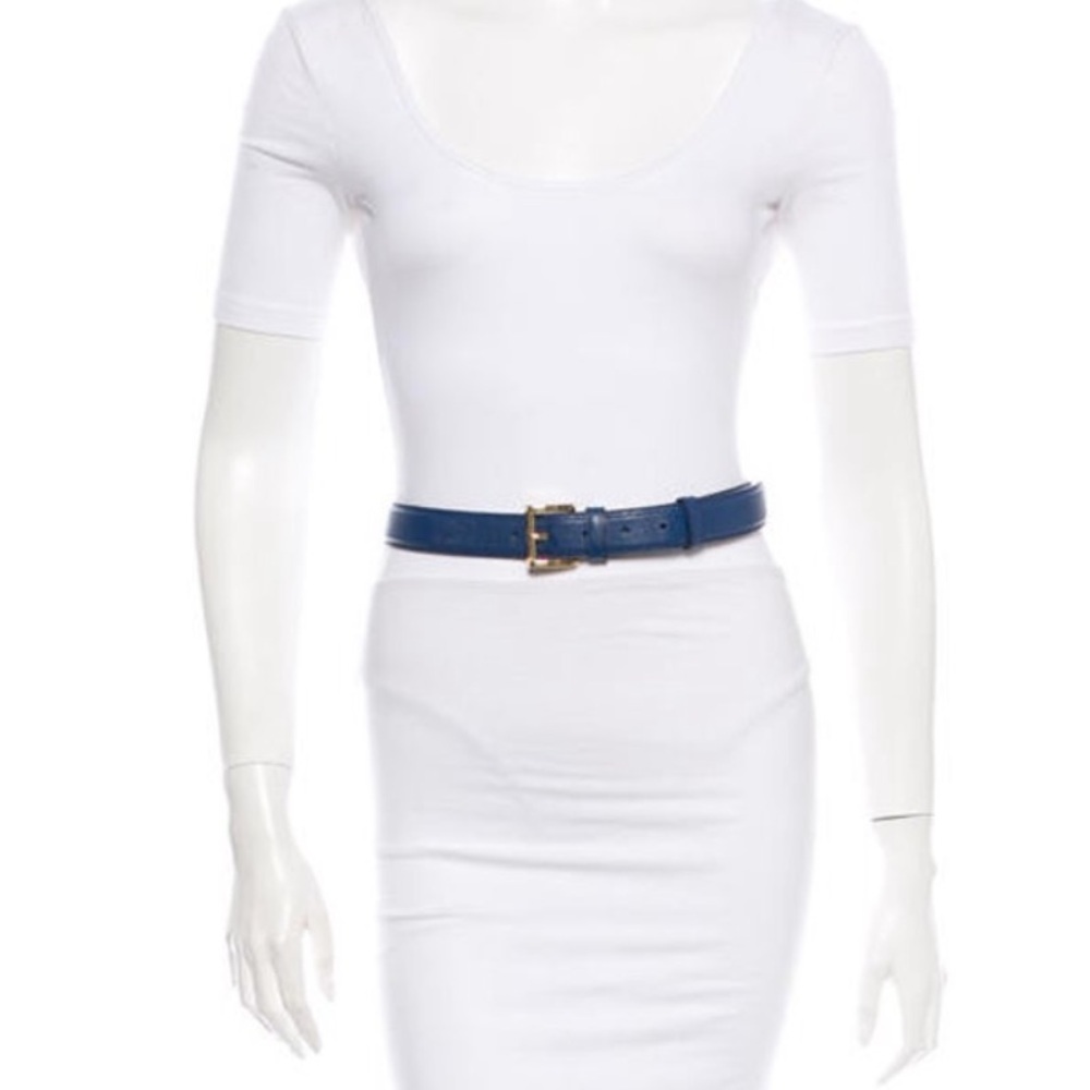 Prada Navy Leather Belt with Gold Buckle